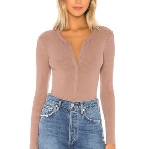 Privacy Please 
Long Sleeve Ribbed Body Suit 
Color Taupe 
Button Up 
Revolve
